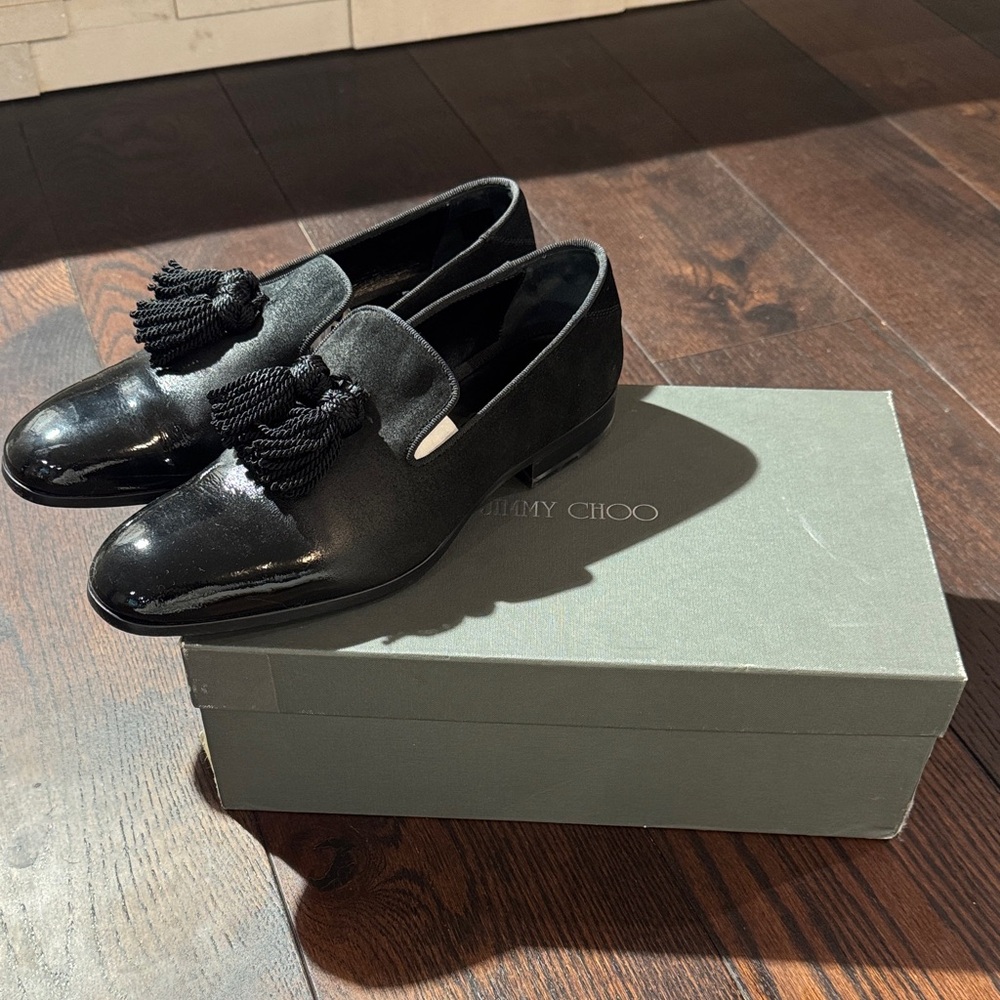 Jimmy Choo Black Patent Leather Tassel Loafers